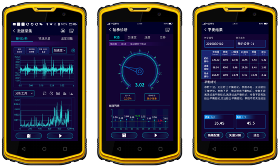 圖. 4 智能振動(dòng)分析（左）、智能軸承診斷（中）、轉(zhuǎn)子動(dòng)平衡（右）